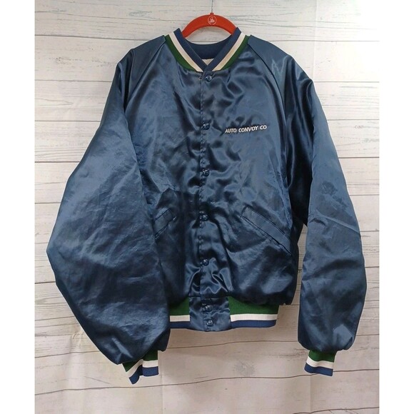 Vtg King Louie Nylon Varsity Bomber Jacket Auto Convoy Co Navyblue Snap Button L - Picture 1 of 8